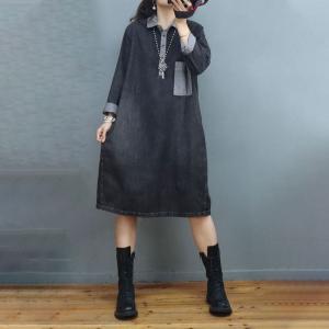 Polo Neck Stone Wash Jean Dress Long Sleeves Knee-Length Dress