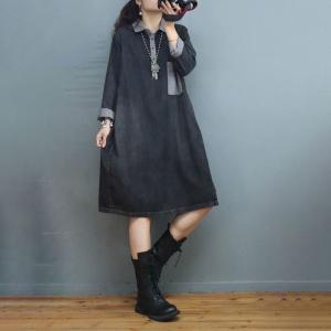 Polo Neck Stone Wash Jean Dress Long Sleeves Knee-Length Dress