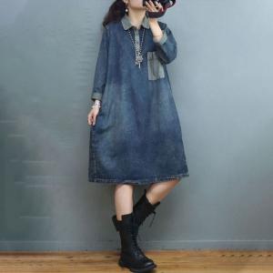 Polo Neck Stone Wash Jean Dress Long Sleeves Knee-Length Dress