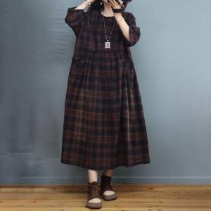 Classic Plaid Empire Waist Dress Cotton Linen Flare Tartan Dress