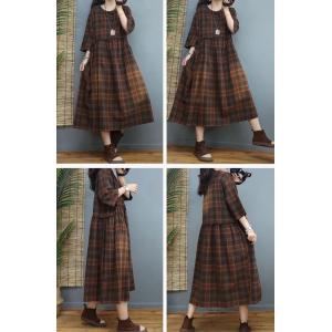 Classic Plaid Empire Waist Dress Cotton Linen Flare Tartan Dress