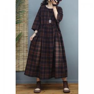 Classic Plaid Empire Waist Dress Cotton Linen Flare Tartan Dress