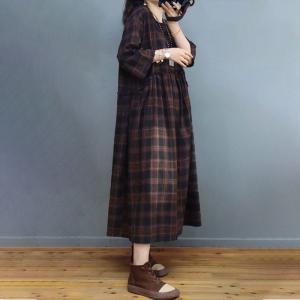 Classic Plaid Empire Waist Dress Cotton Linen Flare Tartan Dress