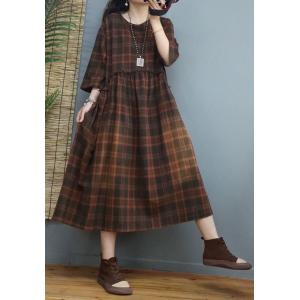 Classic Plaid Empire Waist Dress Cotton Linen Flare Tartan Dress