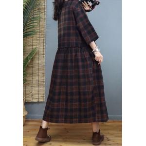 Classic Plaid Empire Waist Dress Cotton Linen Flare Tartan Dress