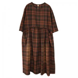 Classic Plaid Empire Waist Dress Cotton Linen Flare Tartan Dress