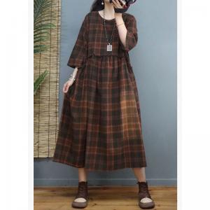 Classic Plaid Empire Waist Dress Cotton Linen Flare Tartan Dress