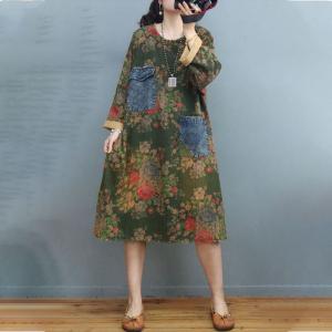 Denim Front Pockets Midi Floral Dress Plus Size Cotton Linen Spring Dress