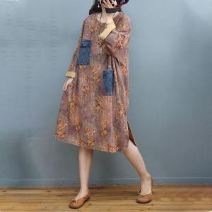 Denim Front Pockets Midi Floral Dress Plus Size Cotton Linen Spring Dress