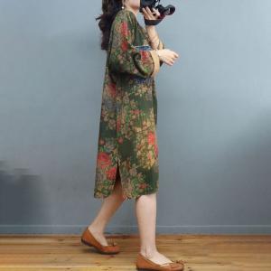 Denim Front Pockets Midi Floral Dress Plus Size Cotton Linen Spring Dress
