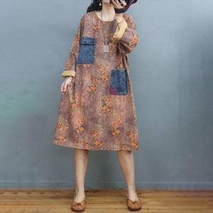 Denim Front Pockets Midi Floral Dress Plus Size Cotton Linen Spring Dress