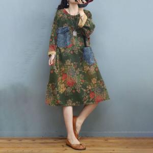 Denim Front Pockets Midi Floral Dress Plus Size Cotton Linen Spring Dress