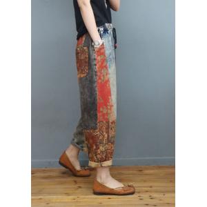 Floral Prints Folk Jeans Womens Baggy Pull-On Jeans