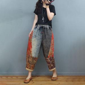 Floral Prints Folk Jeans Womens Baggy Pull-On Jeans