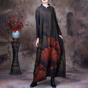 Lotus Leaf Loose Chinese Cheongsam Long Sleeves Caftan Dress