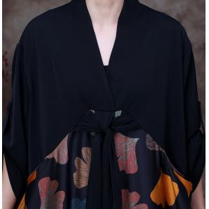 Colorful Ginkgo Leaf Front Knot Dress Black Silk Maxi Dress