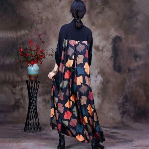 Colorful Ginkgo Leaf Front Knot Dress Black Silk Maxi Dress