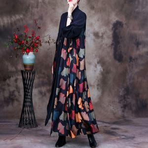 Colorful Ginkgo Leaf Front Knot Dress Black Silk Maxi Dress