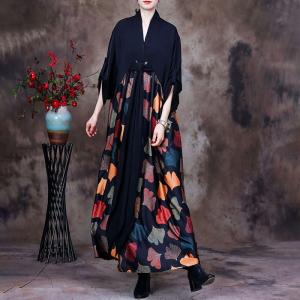 Colorful Ginkgo Leaf Front Knot Dress Black Silk Maxi Dress