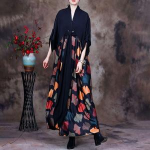 Colorful Ginkgo Leaf Front Knot Dress Black Silk Maxi Dress