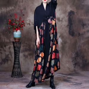 Colorful Ginkgo Leaf Front Knot Dress Black Silk Maxi Dress