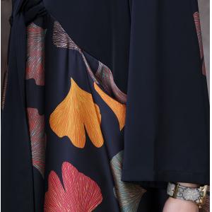Colorful Ginkgo Leaf Front Knot Dress Black Silk Maxi Dress
