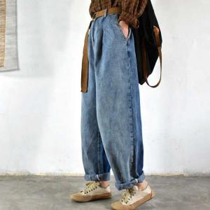 Blue Contrast High Rise Jeans Baggy Cuffed Jeans for Women