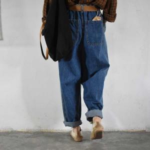 Blue Contrast High Rise Jeans Baggy Cuffed Jeans for Women