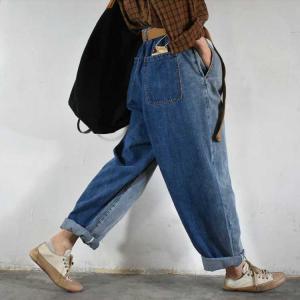 Blue Contrast High Rise Jeans Baggy Cuffed Jeans for Women