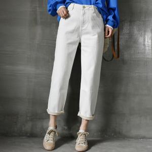 Korean Style White Stretch Jeans Loose High Rise Jeans