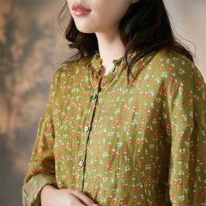 Long Sleeves Green Floral Blouse Plus Size Ramie Shirt