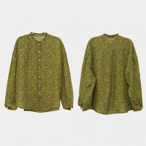 Long Sleeves Green Floral Blouse Plus Size Ramie Shirt