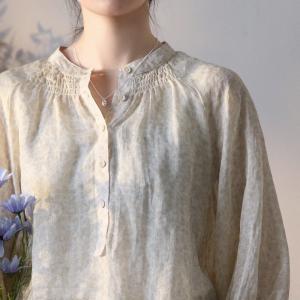 Puff Sleeves Sheer Ramie Blouse Womens Slouchy Floral Shirt