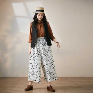 Summer Fashion Polka Dot Pants Cotton Linen Wide Leg Pants