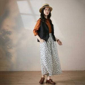 Summer Fashion Polka Dot Pants Cotton Linen Wide Leg Pants