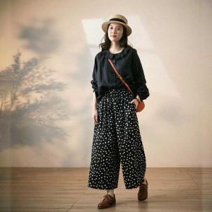 Summer Fashion Polka Dot Pants Cotton Linen Wide Leg Pants