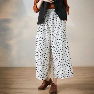 Summer Fashion Polka Dot Pants Cotton Linen Wide Leg Pants