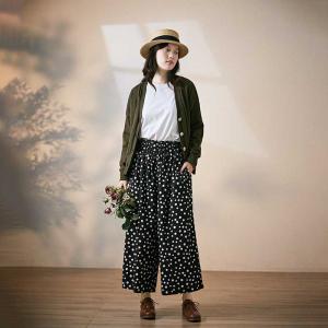 Summer Fashion Polka Dot Pants Cotton Linen Wide Leg Pants