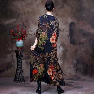 Senior Women Printed Silk Dress Plus Size Tied Dress