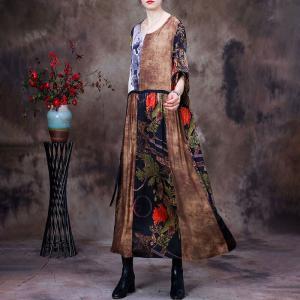 Senior Women Printed Silk Dress Plus Size Tied Dress