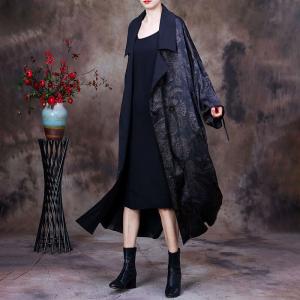 Business Casual Black Trench Coat Silky Printed Coat
