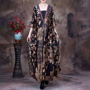 V-Neck Printed Senior Women Dress Half Sleeves Summer Maxi Dress