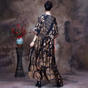 V-Neck Printed Senior Women Dress Half Sleeves Summer Maxi Dress