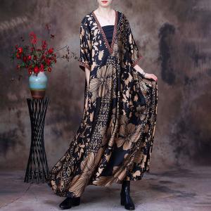 V-Neck Printed Senior Women Dress Half Sleeves Summer Maxi Dress