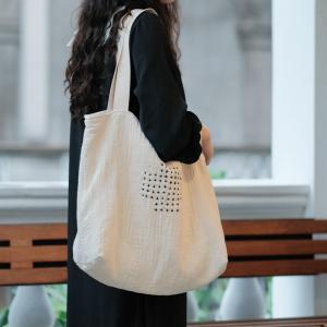 Casual Style Beige Embroidery Tote Cotton Linen Teacher Bag