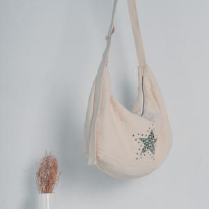 Reversible Embroidery Dumpling Bag Flax Crescent Shoulder Bag