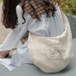 Reversible Embroidery Dumpling Bag Flax Crescent Shoulder Bag