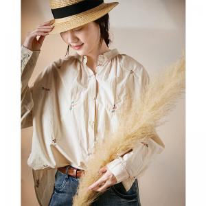 Long Sleeves Floral Embroidery Shirt Casual Cotton Blouse