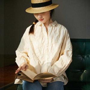 Lines Embroidery Oversized Shirt Long Sleeves Cotton Blouse