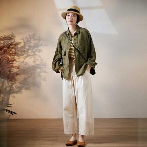 Chest Flap Pockets Linen Jacket Long Sleeves Loose Flax Clothing